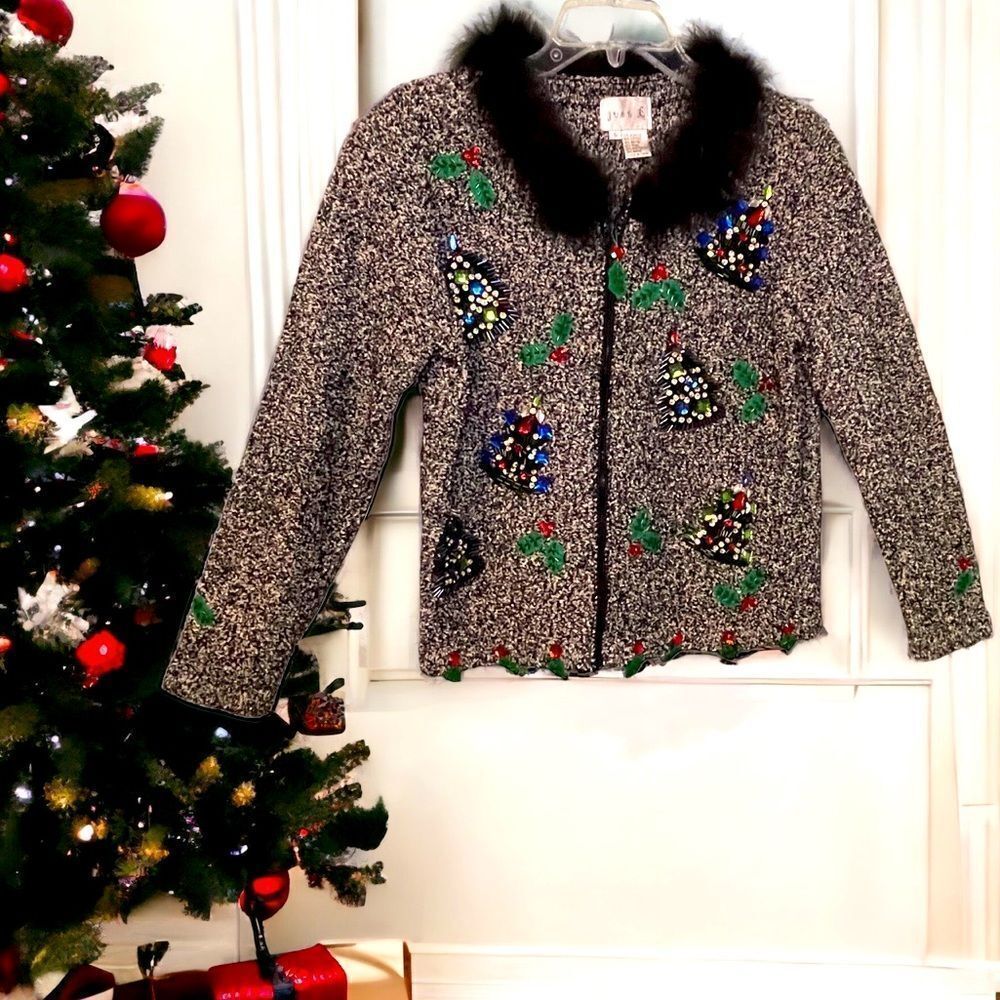 ✔️ Just B Christmas Cardigan with Pin Feather Collar and Bejeweled Details